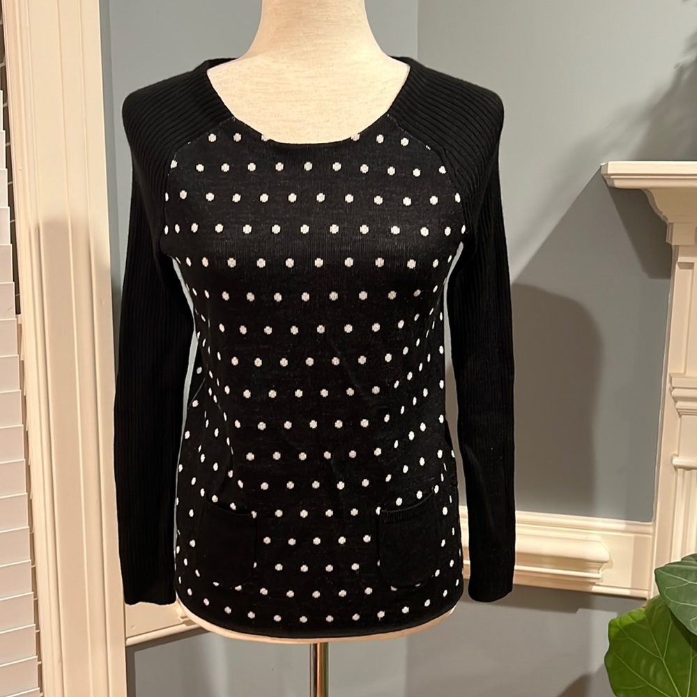 Loft black and white polka dot sweater with mini pockets